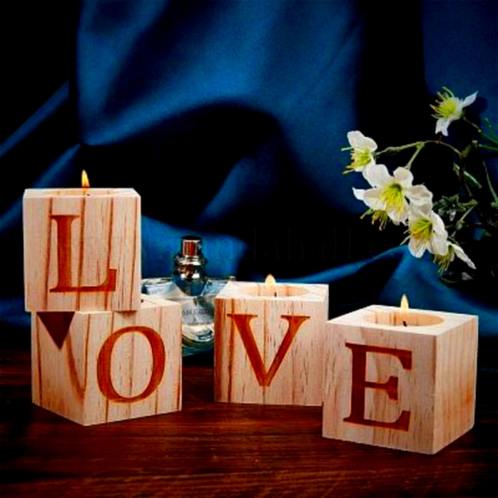 Valentine's Day Wood Candle Holder, Candlestick Engraved with Word Love